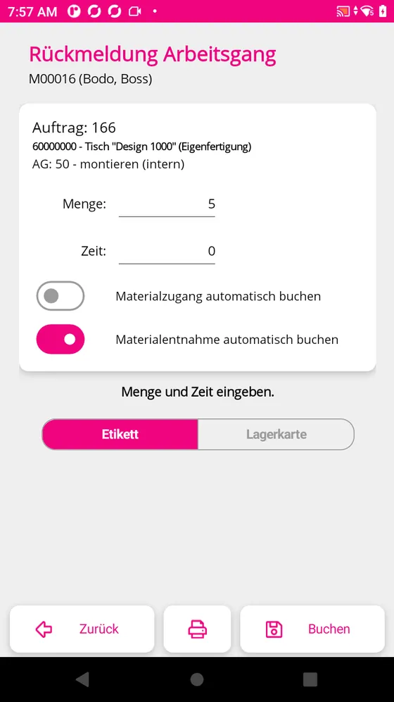 Rückmeldung eines Arbeitsgangs