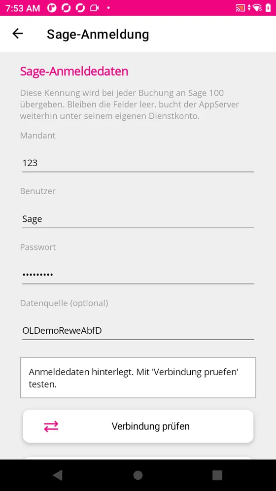 Sage-Anmeldedaten mit Verbindungsprüfung