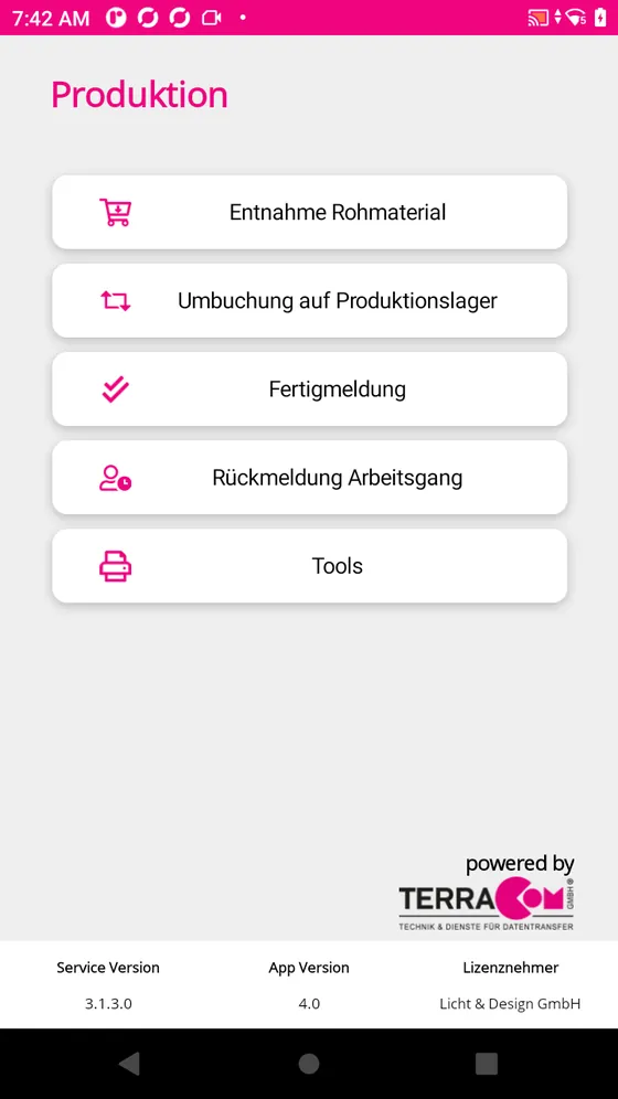 Startseite der App mit dem Produktionsmenü