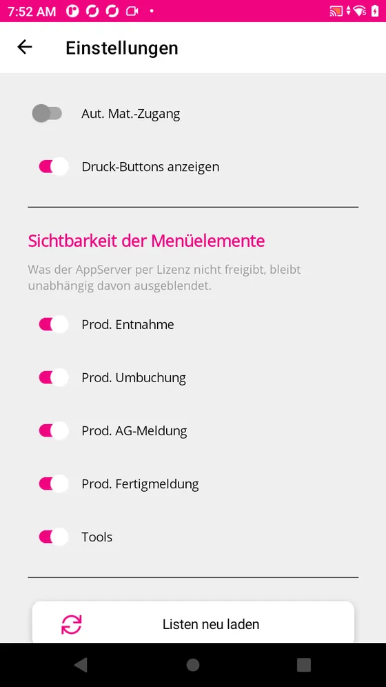 Schalter für die Sichtbarkeit der Menüpunkte