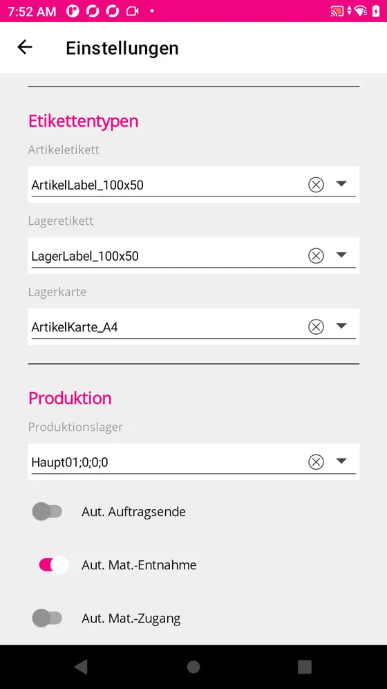 Etikettentypen und Produktionseinstellungen