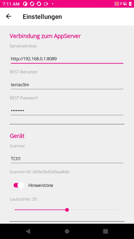 Serveradresse, Zugangsdaten und Gerätename