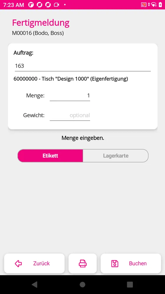 Fertigmeldung eines Fertigungsauftrags