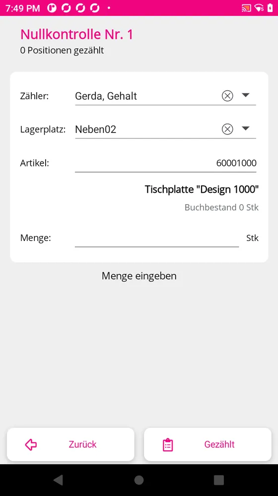 Die Z&auml;hlmaske mit Lagerplatz, Artikel und Menge