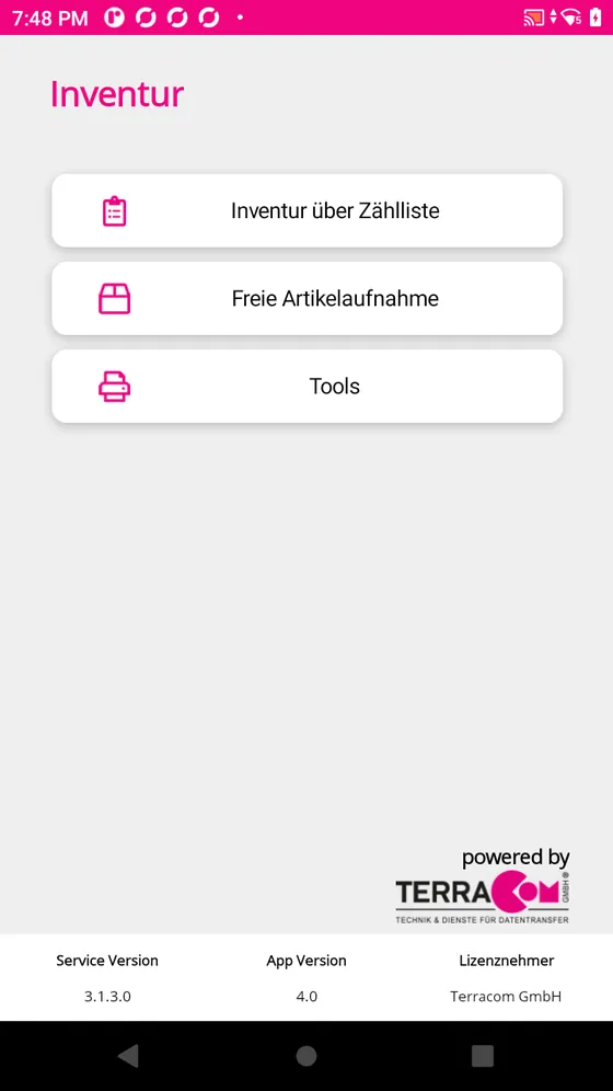 Startseite der App mit dem Inventurmen&uuml;