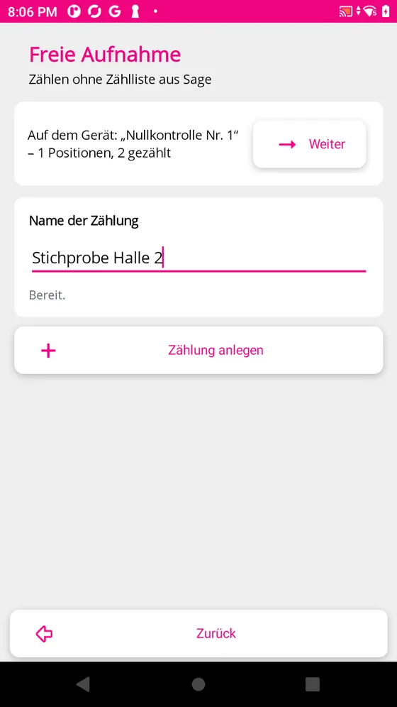 Freie Aufnahme: Name der Z&auml;hlung vergeben