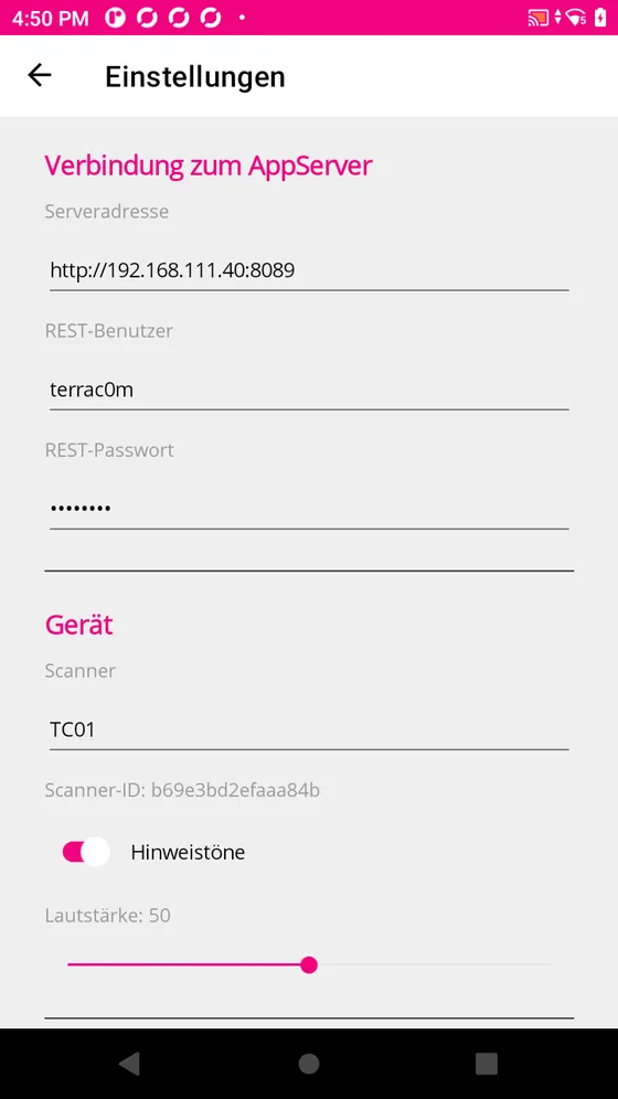 Serveradresse, Zugangsdaten und Ger&auml;tename