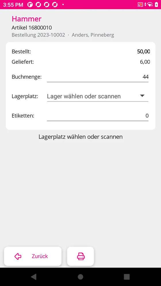 Detail einer Position mit Menge und Lagerplatz