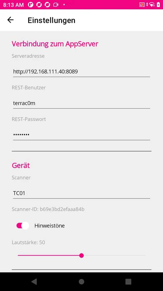 Serveradresse, Zugangsdaten und Ger&auml;tename