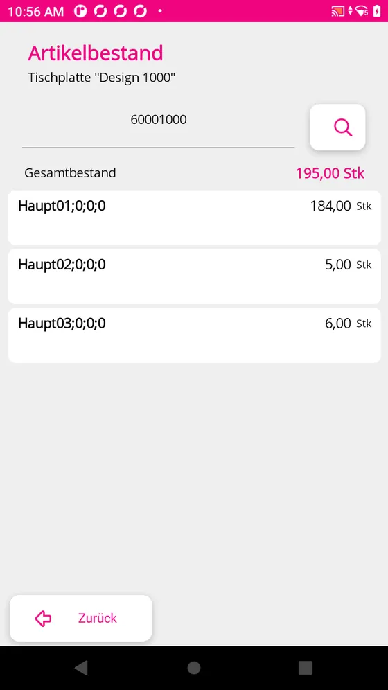 Artikelbestand mit Gesamtmenge und Lagerpl&auml;tzen