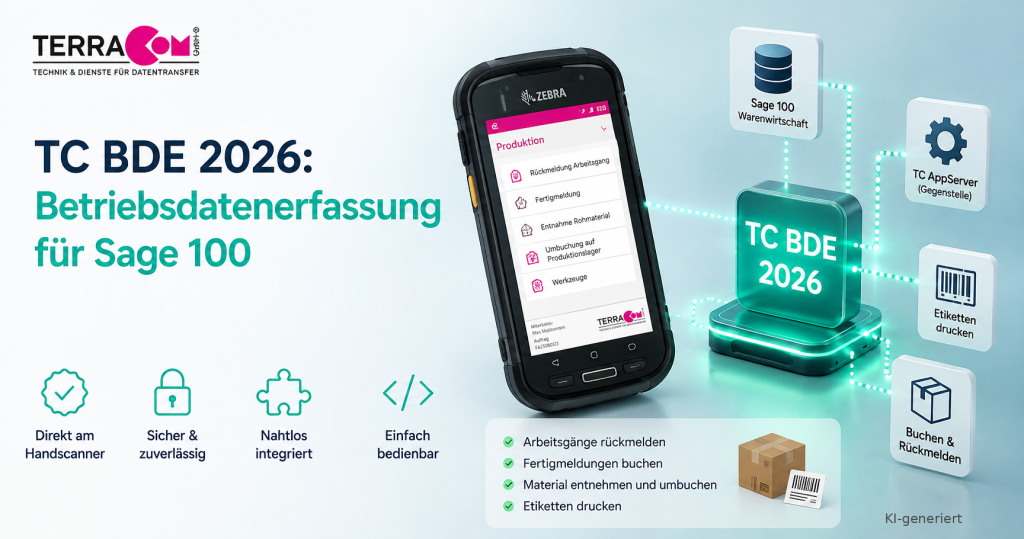 KI-generierte Grafik. TC BDE 2026, Betriebsdatenerfassung für Sage 100: Ein Zebra-Handscanner zeigt das Produktionsmenü mit Rückmeldung Arbeitsgang, Fertigmeldung, Entnahme Rohmaterial, Umbuchung auf Produktionslager und Werkzeugen. Daneben der Weg der Buchungen über den TC AppServer in die Sage-100-Warenwirtschaft, dazu Etikettendruck und Rückmeldungen.