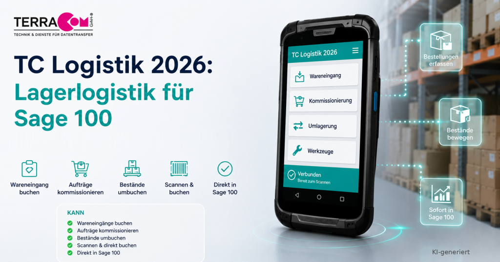KI-generierte Grafik. TC Logistik 2026, Lagerlogistik für Sage 100: Ein Handscanner zeigt das Logistikmenü mit Wareneingang, Kommissionierung, Umlagerung und Werkzeugen sowie den Status Verbunden. Im Hintergrund ein Lagerregal, daneben die Stichworte Bestellungen erfassen, Bestände bewegen und sofort in Sage 100.