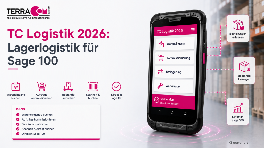KI-generierte Grafik. TC Logistik 2026, Lagerlogistik für Sage 100: Ein Handscanner zeigt das Logistikmenü mit Wareneingang, Kommissionierung, Umlagerung und Werkzeugen sowie den Status Verbunden. Im Hintergrund ein Lagerregal, daneben die Stichworte Bestellungen erfassen, Bestände bewegen und sofort in Sage 100.