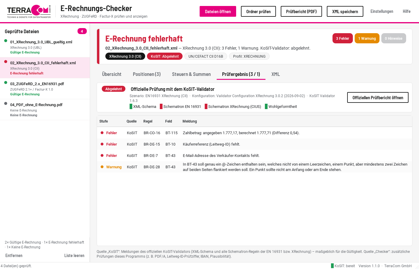 Reiter Prüfergebnis im E-Rechnungs-Checker zu einer fehlerhaften XRechnung 3.0 in CII-Syntax: KoSIT-Validator abgelehnt, Schematron EN 16931 und XRechnung nicht bestanden, Fehler BR-CO-16 zum Zahlbetrag mit Differenz 0,54, BR-DE-15 fehlende Leitweg-ID, BR-DE-7 fehlende E-Mail-Adresse und eine Warnung BR-DE-28.
