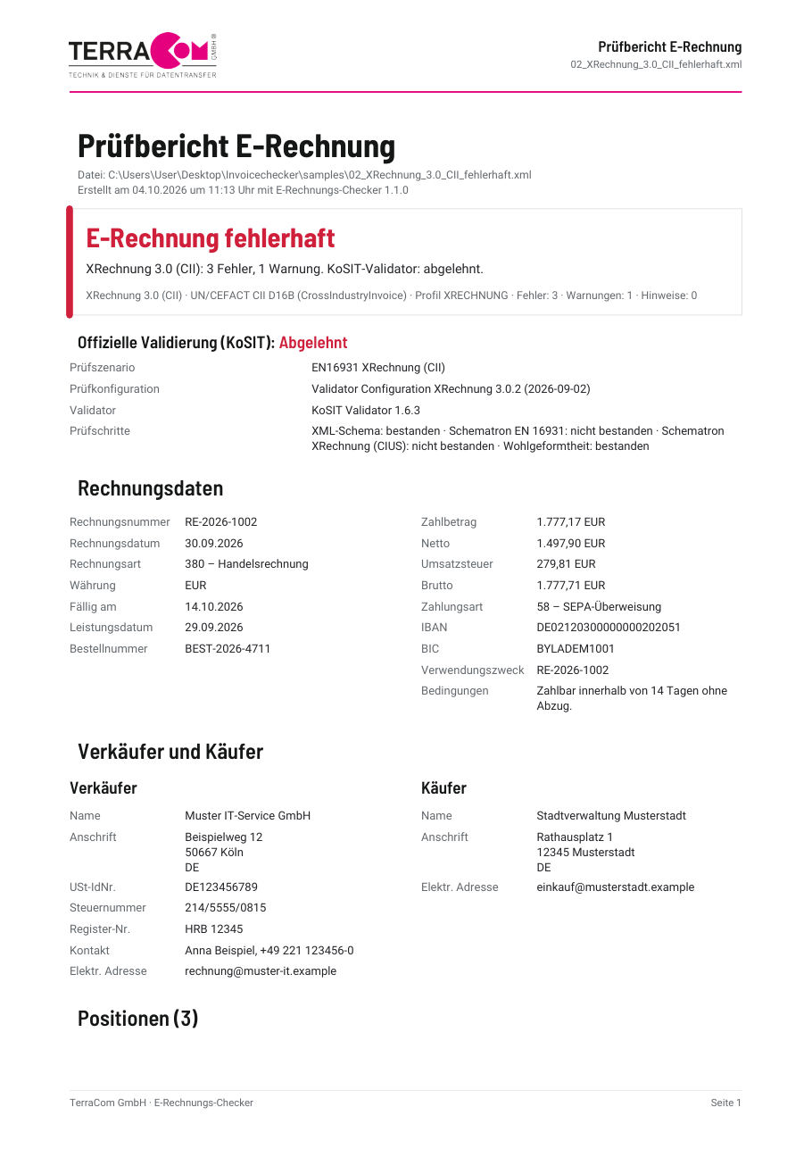 Erste Seite eines Prüfberichts aus dem E-Rechnungs-Checker zur Musterdatei 02_XRechnung_3.0_CII_fehlerhaft.xml: Status E-Rechnung fehlerhaft mit 3 Fehlern und 1 Warnung, offizielle Validierung durch KoSIT abgelehnt mit Prüfszenario und Prüfschritten, darunter Rechnungsdaten sowie Verkäufer und Käufer.