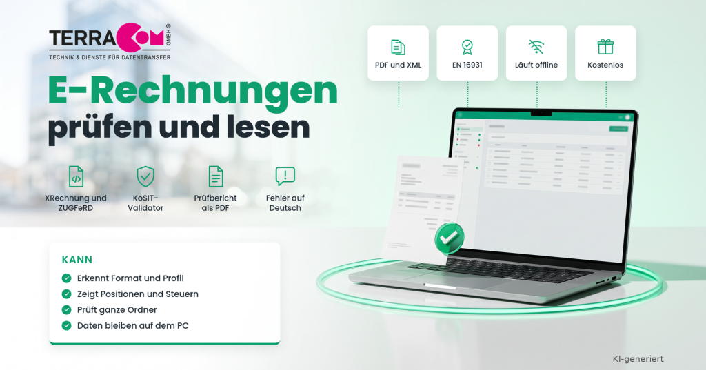 KI-generierte Grafik. Überschrift „E-Rechnungen prüfen und lesen“ mit TerraCom-Logo, Icons für XRechnung und ZUGFeRD, KoSIT-Validator, Prüfbericht als PDF und Fehler auf Deutsch, ein Kasten mit Fähigkeiten des Programms und rechts ein Laptop auf grün leuchtendem Ring mit einer Rechnung und grünem Prüfhäkchen.