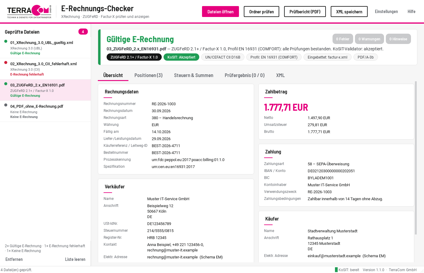 E-Rechnungs-Checker mit einer gültigen ZUGFeRD-Rechnung: Statuskarte „Gültige E-Rechnung“, Chips für ZUGFeRD 2.1 und Factur-X 1.0, KoSIT akzeptiert, Profil EN 16931 und eingebettete factur-x.xml, darunter Rechnungsdaten, Zahlbetrag 1.777,71 EUR, Zahlungsdaten und Verkäufer.